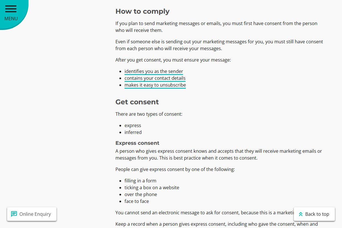 ACMA's Avoid sending spam page, explaining the two types of consent under Australia's Spam Act: express and inferred.
