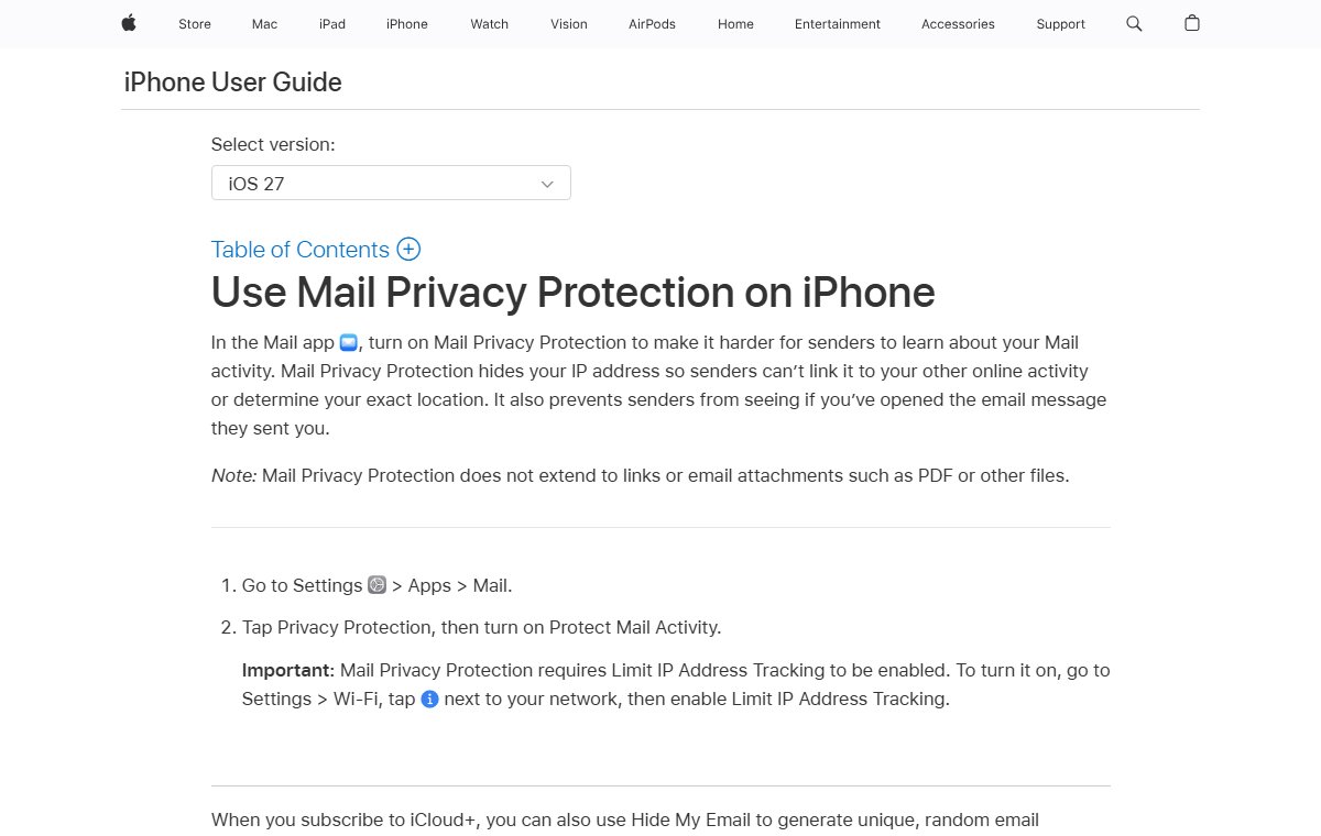 Apple's iPhone User Guide page on Mail Privacy Protection, saying it hides your IP address and prevents senders from seeing if you've opened the email they sent.