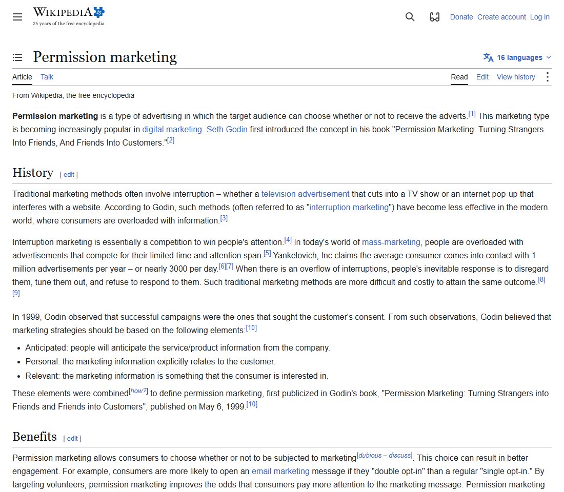 The Wikipedia article on permission marketing, showing Seth Godin's three elements: anticipated, personal and relevant.