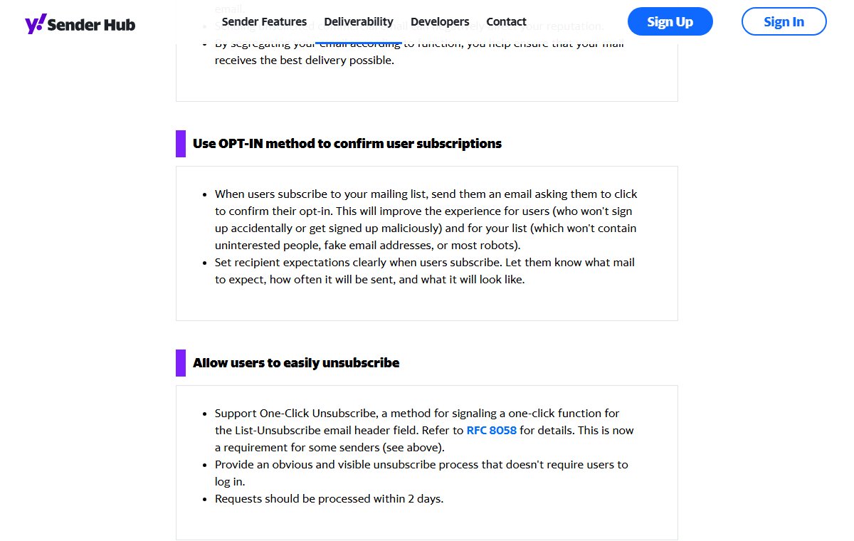 Yahoo's sender best practices page. One item says to set recipient expectations clearly when users subscribe: what mail to expect, how often and what it will look like.